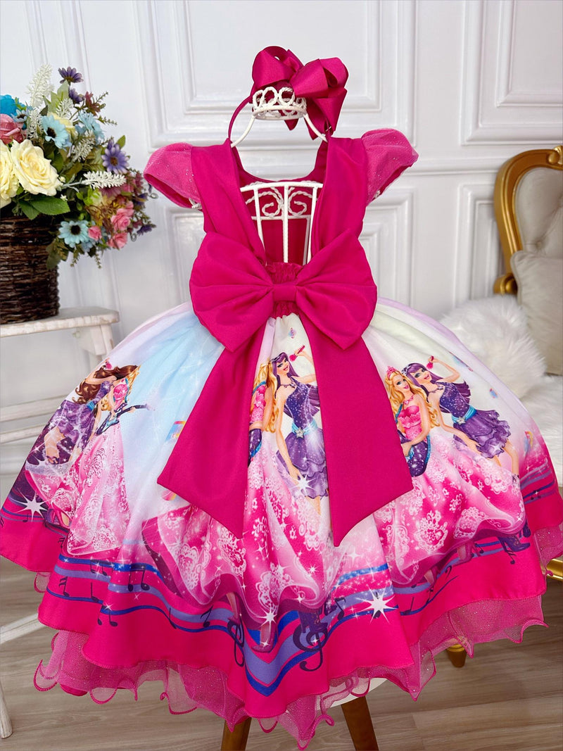 Vestido Infantil Princesa Festa da Barbie Rosa Peito Glitter