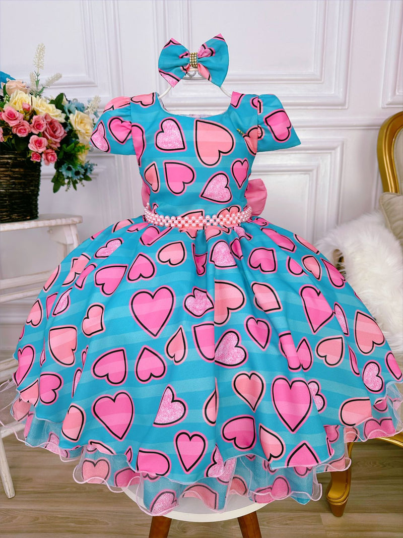 Vestido Infantil Azul Tiffany C/ Corações e Laço Pérolas