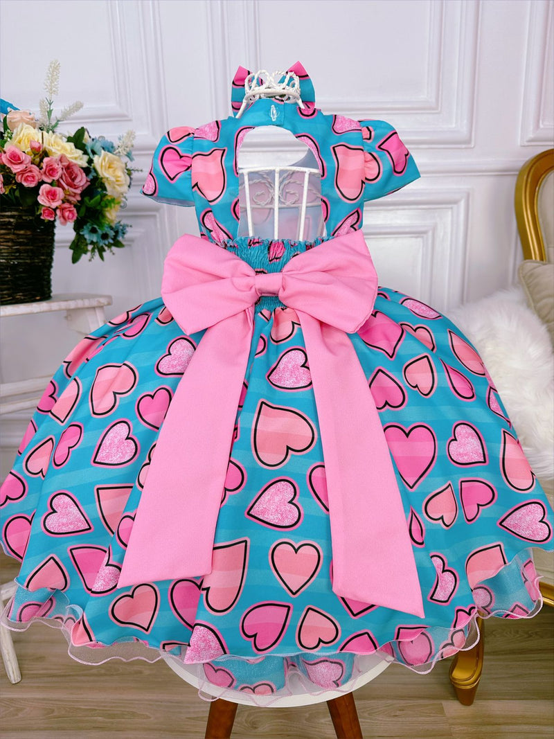 Vestido Infantil Azul Tiffany C/ Corações e Laço Pérolas