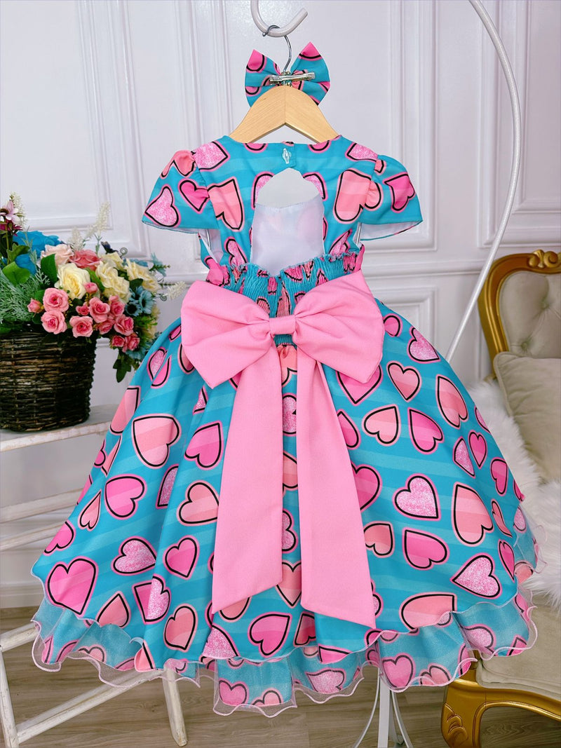 Vestido Infantil Azul Tiffany C/ Corações e Laço Pérolas