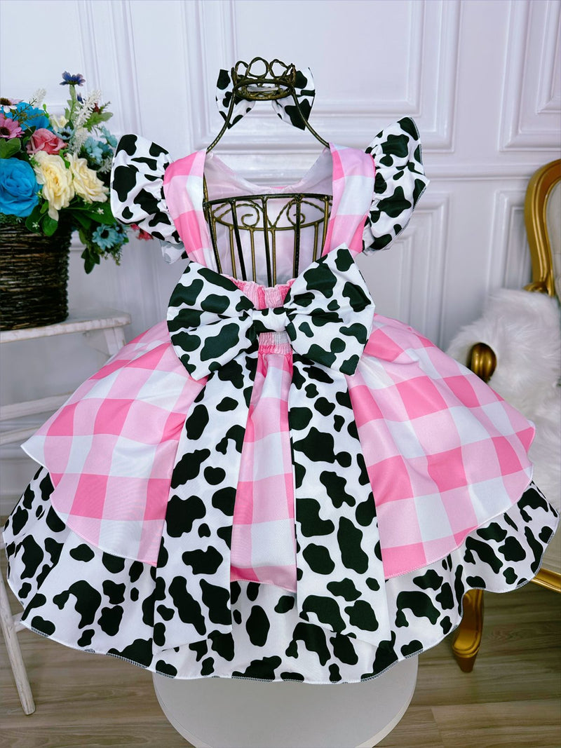 Vestido Infantil Xadrez Branco Rosa Fazendinha Vaquinha Laço