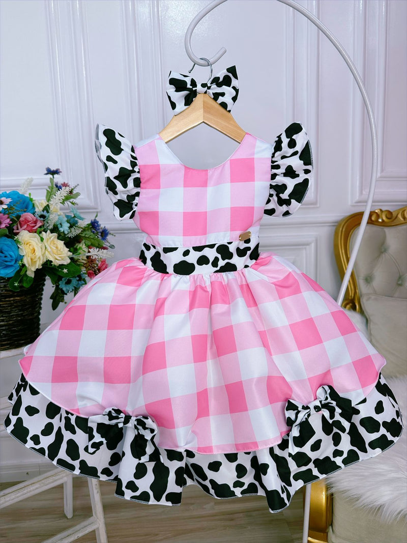 Vestido Infantil Xadrez Branco Rosa Fazendinha Vaquinha Laço