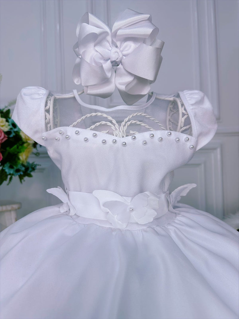 Vestido Infantil Branco C/ Aplique de Borboletas Pérolas