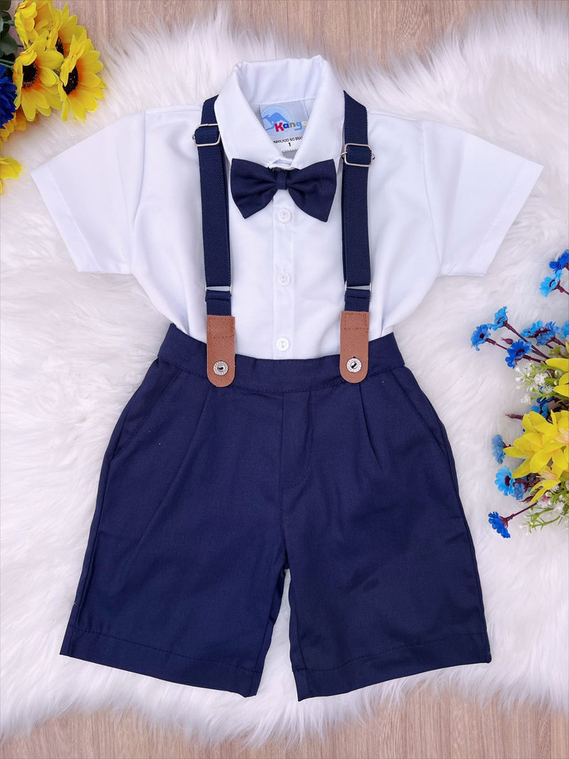 Conjunto Social Short Camisa Gravata Suspensório Branco Azul (3346BB)