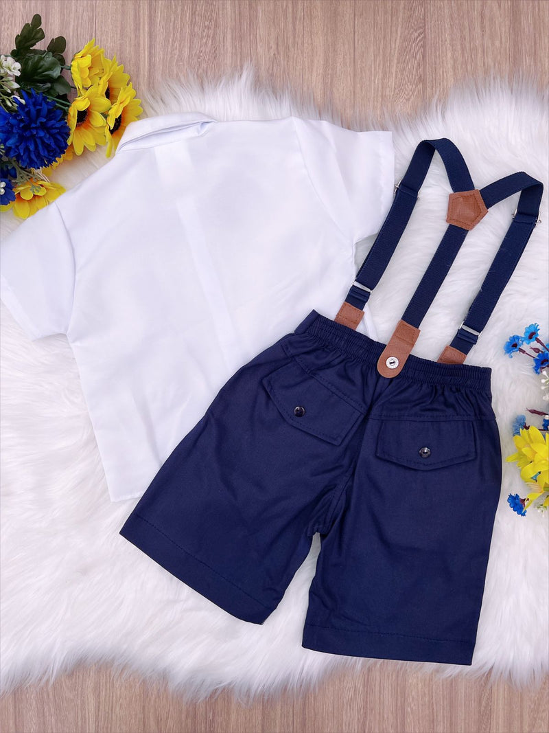 Conjunto Social Short Camisa Gravata Suspensório Branco Azul (3346BB)