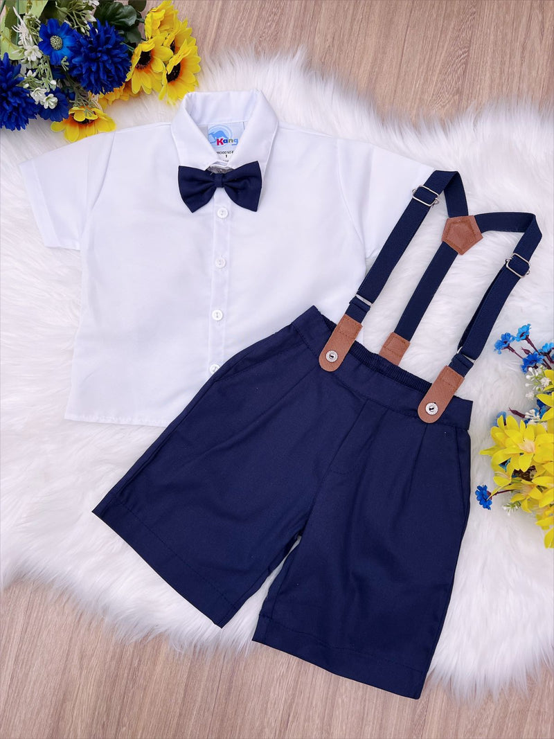 Conjunto Social Camisa Branca Gravata Short Suspensório Azul (3348AM)