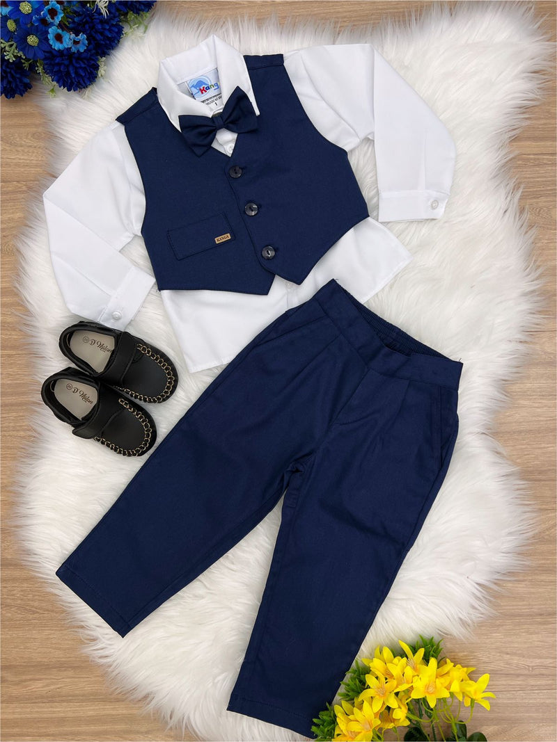 Conjunto Social Calça Camisa Colete Gravata Azul Marinho