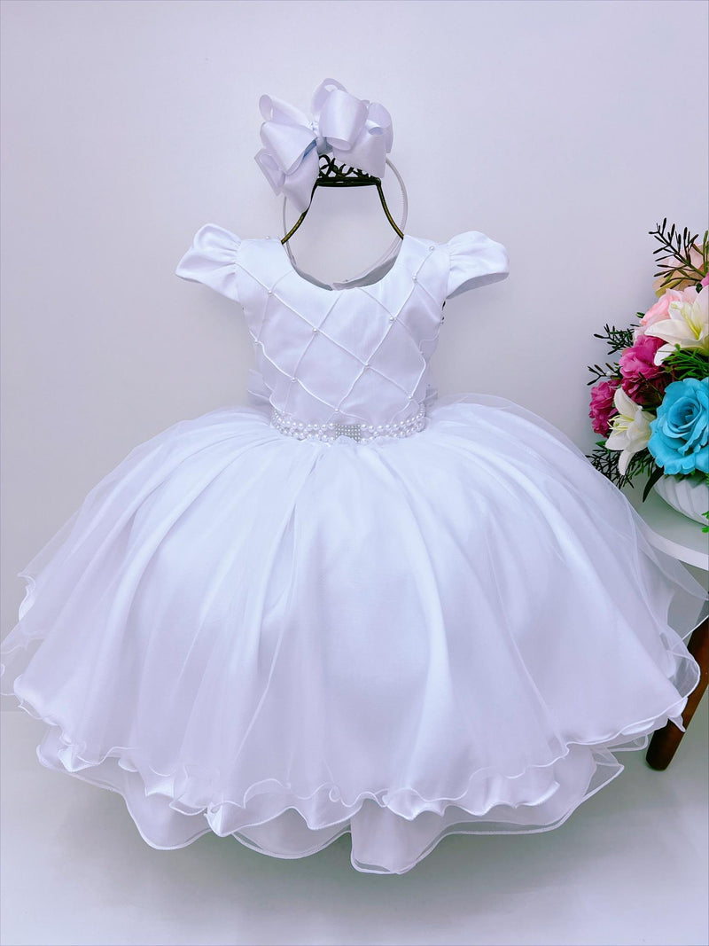 Vestido Infantil Branco Peito Nervura Pérolas Strass Luxo