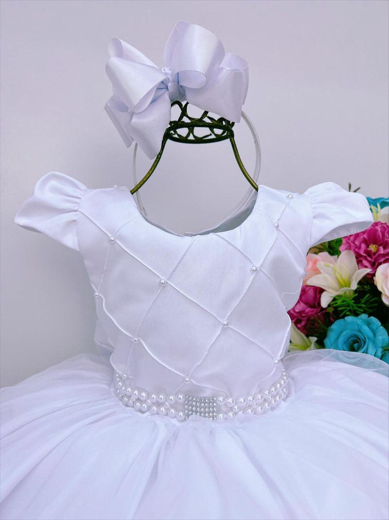 Vestido Infantil Branco Peito Nervura Pérolas Strass Luxo