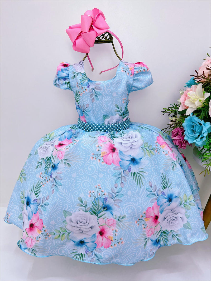 Vestido Infantil Azul Florido Com Cinto de Pérolas Luxo