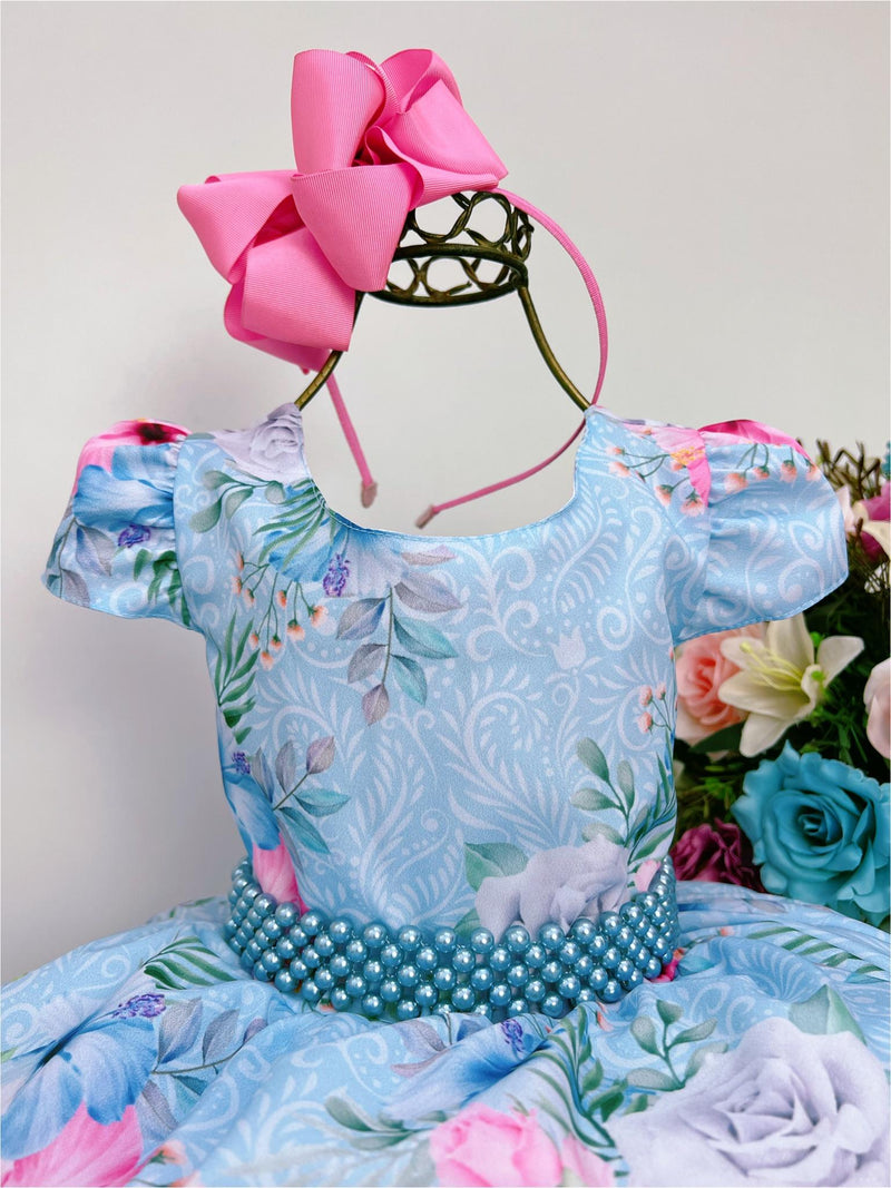 Vestido Infantil Azul Florido Com Cinto de Pérolas Luxo