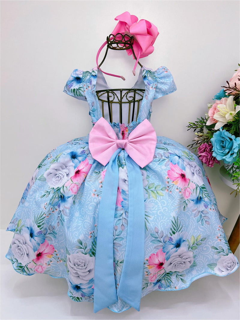 Vestido Infantil Azul Florido Com Cinto de Pérolas Luxo