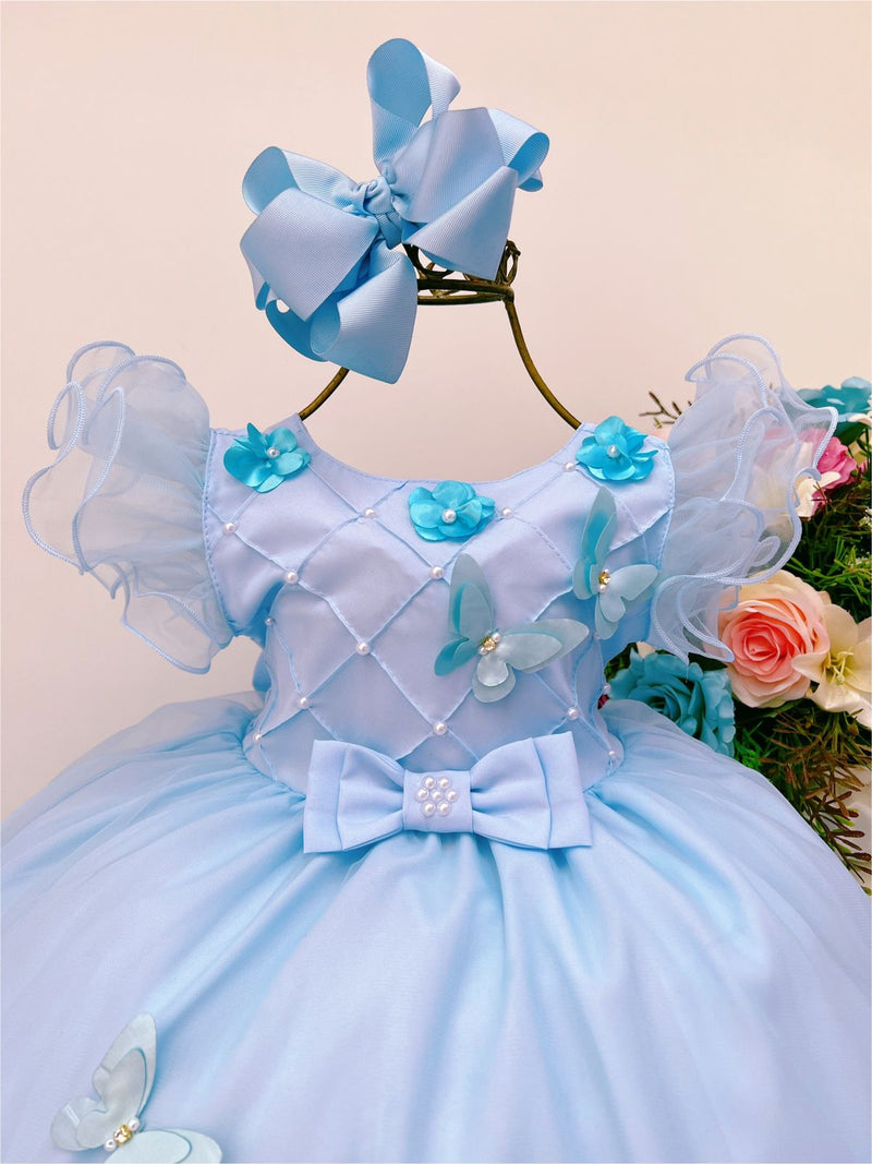 Vestido Infantil Azul Peito Nervura Aplique de Flores