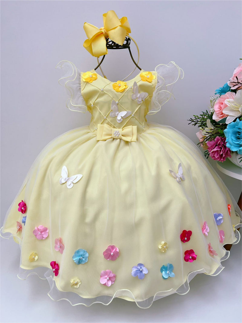 Vestido Infantil Amarelo Nervura Aplique Borboletas Flores