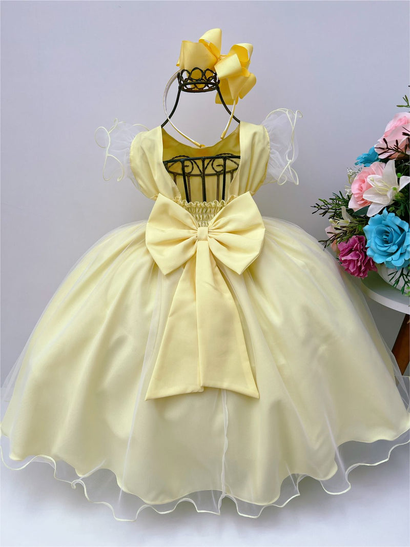 Vestido Infantil Amarelo Nervura Aplique Borboletas Flores