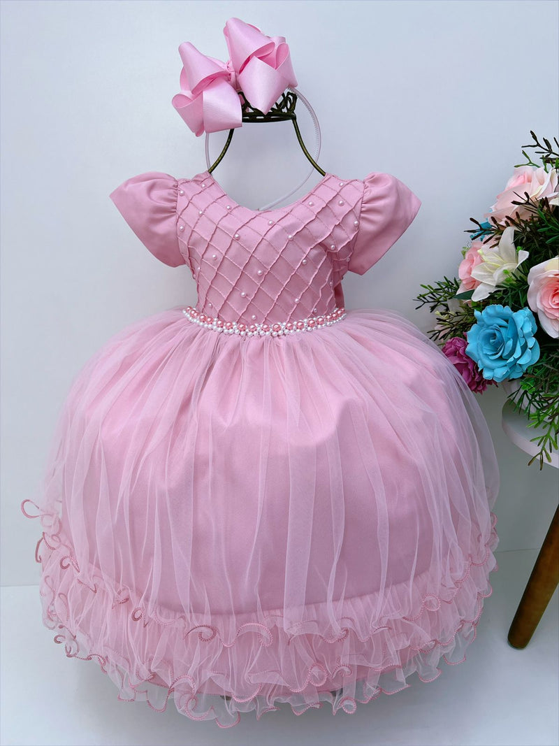 Vestido Infantil Rosê Peito C/ Nervura Pérolas Daminhas