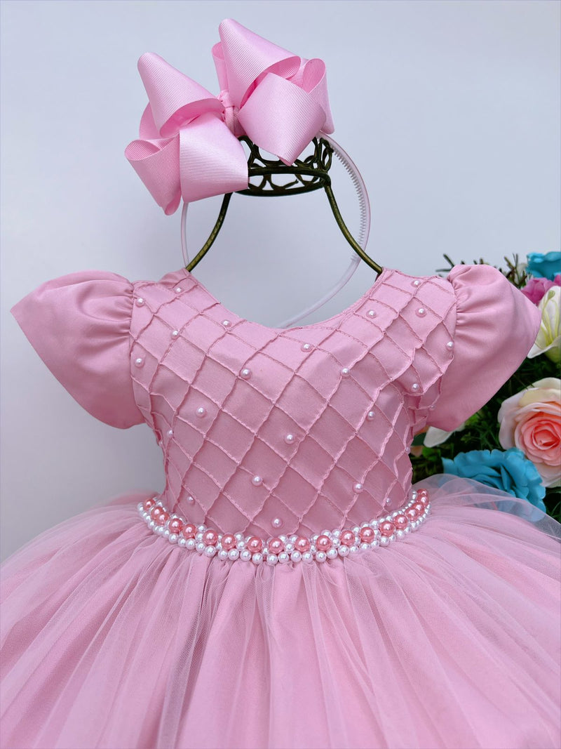 Vestido Infantil Rosê Peito C/ Nervura Pérolas Daminhas