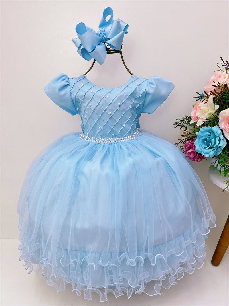 Vestido Infantil Azul Peito C/ Nervura Pérolas Daminhas