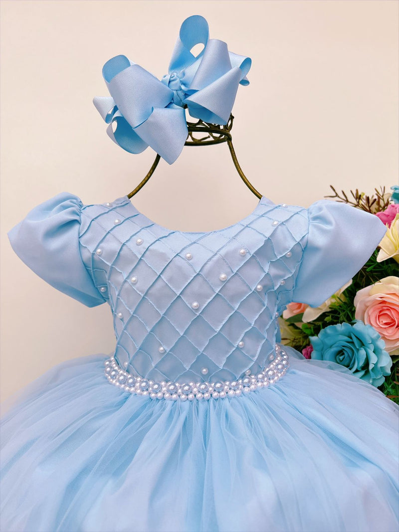 Vestido Infantil Azul Peito C/ Nervura Pérolas Daminhas