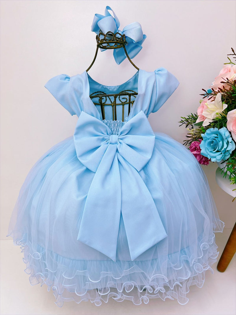 Vestido Infantil Azul Peito C/ Nervura Pérolas Daminhas