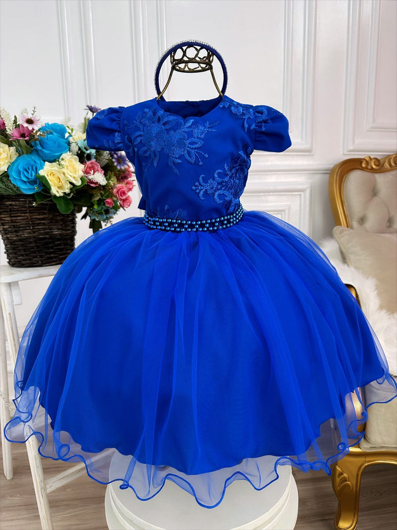 Vestido Infantil Azul Royal C/ Renda e Cinto de Pérolas Luxo