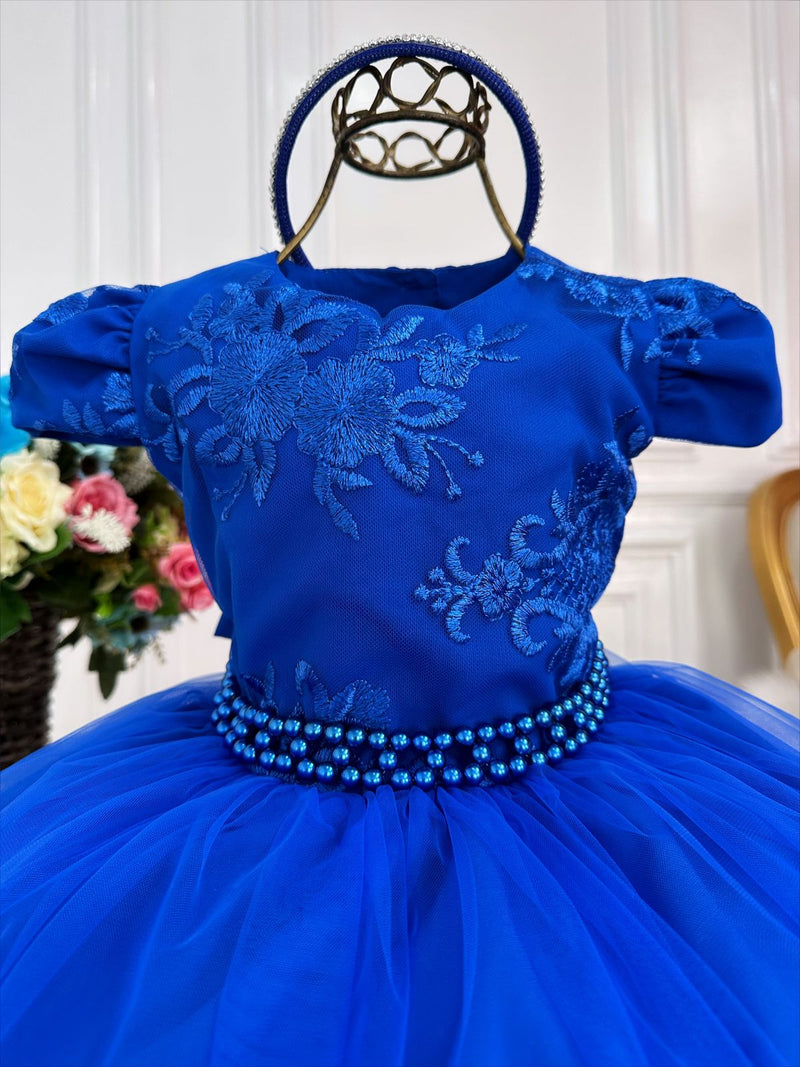 Vestido Infantil Azul Royal C/ Renda e Cinto de Pérolas Luxo