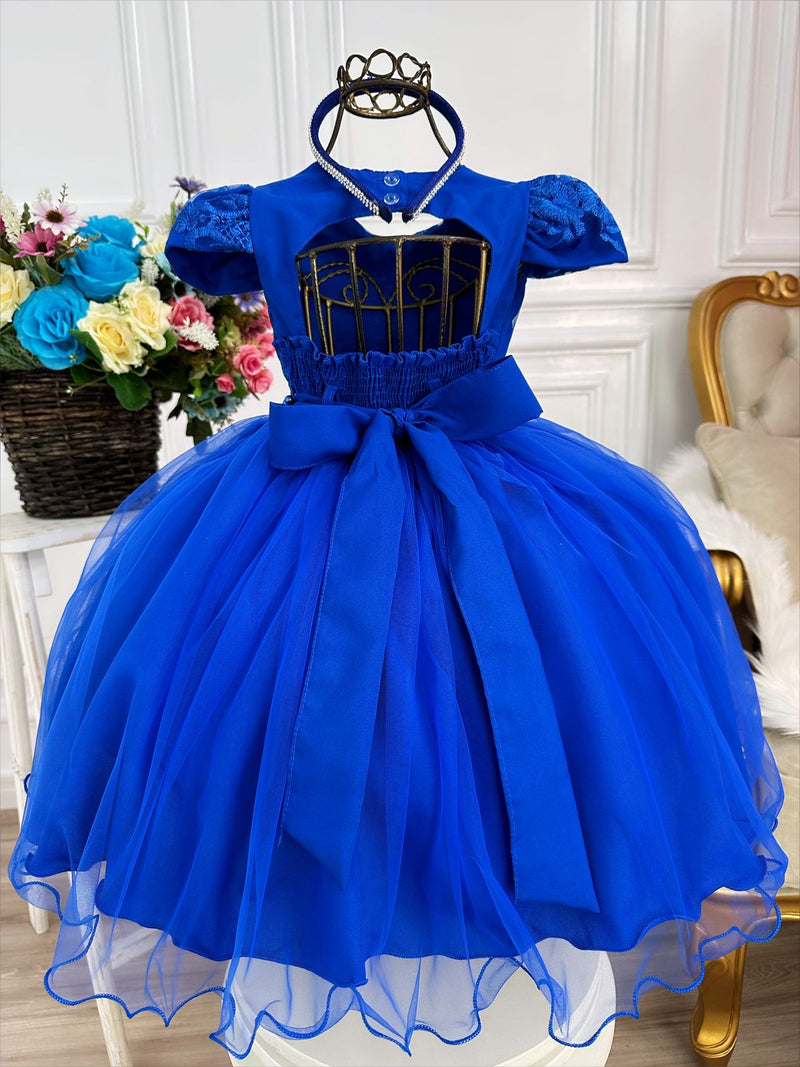 Vestido Infantil Azul Royal C/ Renda e Cinto de Pérolas Luxo