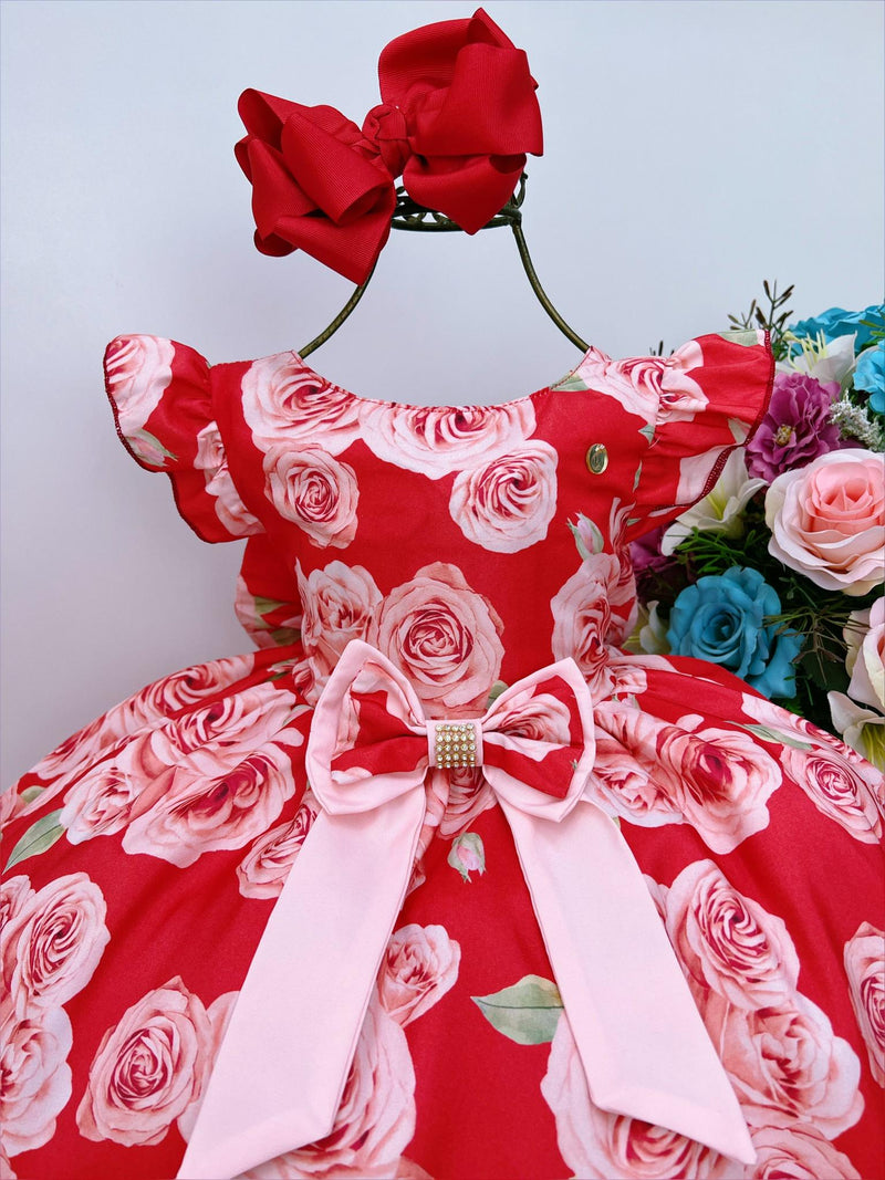 Vestido Infantil Vermelho Rosas C/ Laço Strass Luxo