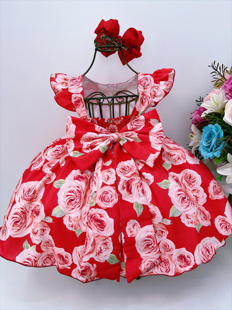 Vestido Infantil Vermelho Rosas C/ Laço Strass Luxo