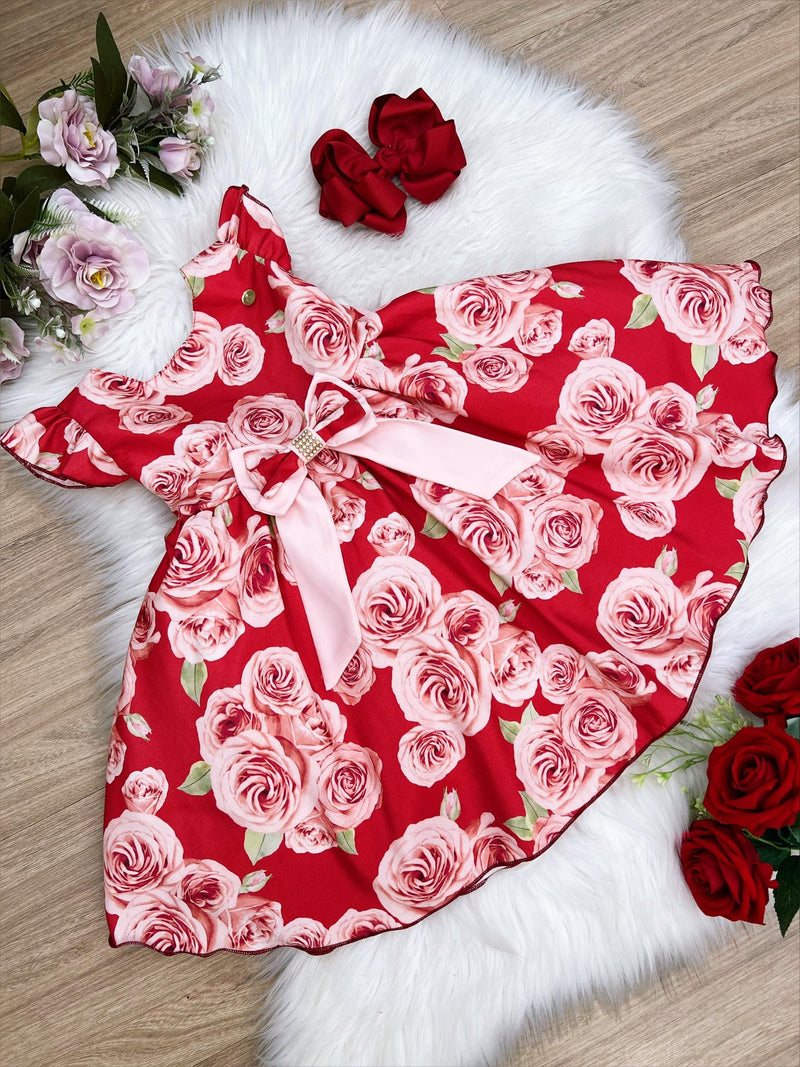 Vestido Infantil Vermelho Rosas C/ Laço Strass Luxo