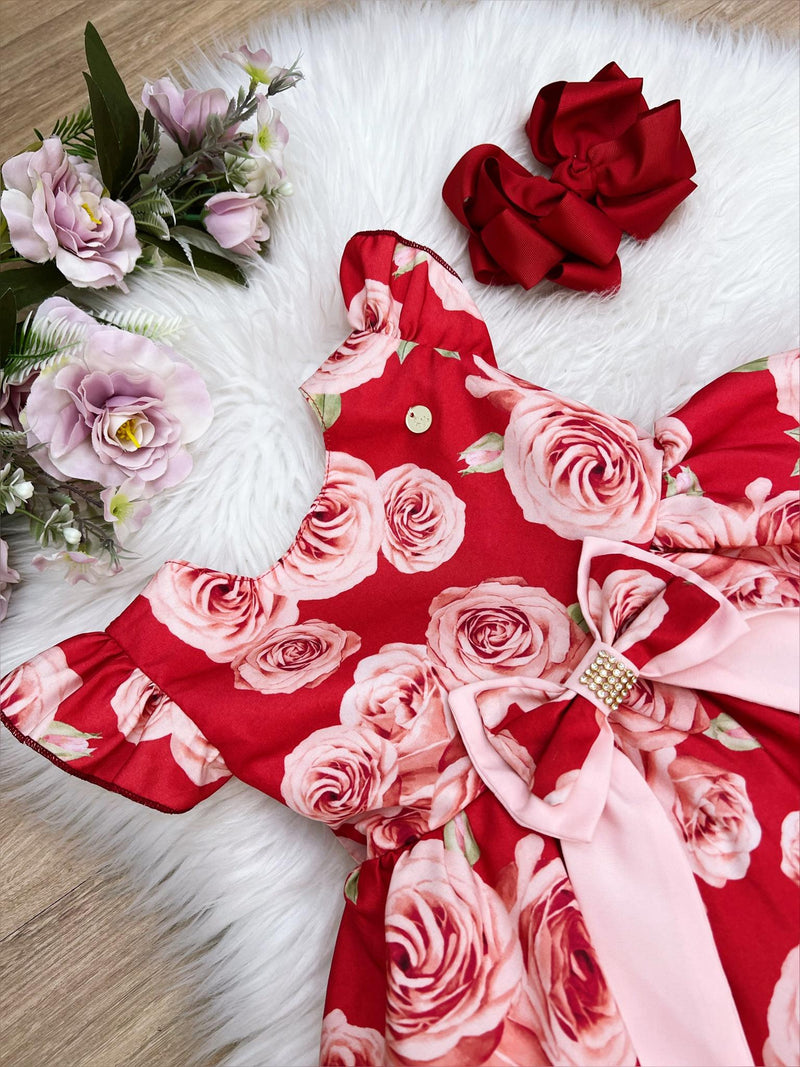 Vestido Infantil Vermelho Rosas C/ Laço Strass Luxo