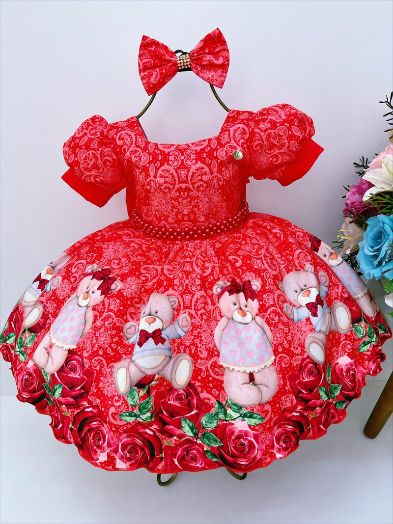 Vestido Infantil Vermelho Festas Ursinho Floral Pérolas