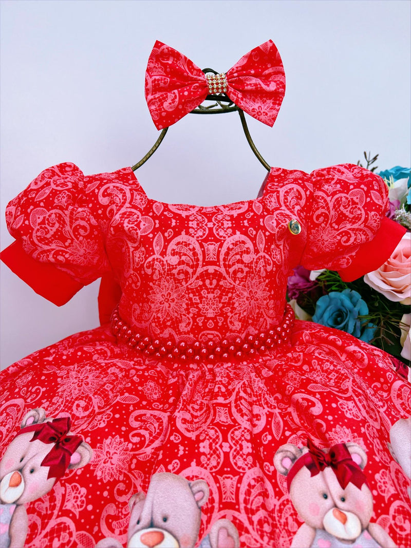 Vestido Infantil Vermelho Festas Ursinho Floral Pérolas