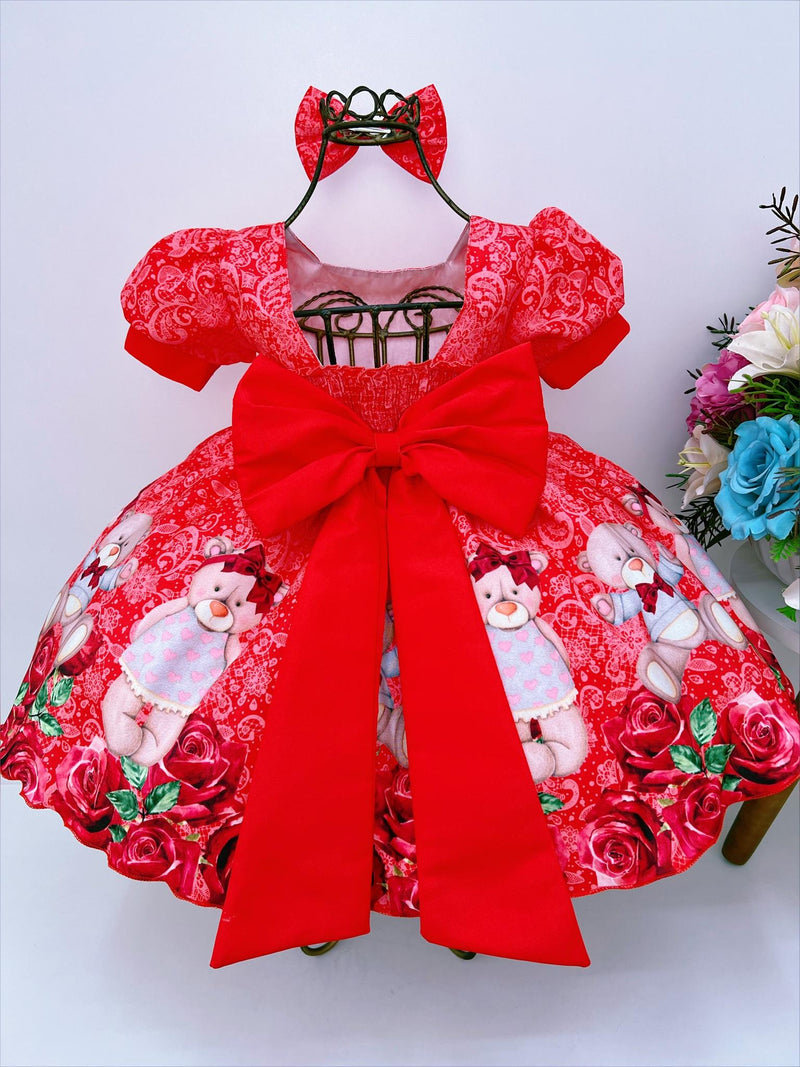 Vestido Infantil Vermelho Festas Ursinho Floral Pérolas