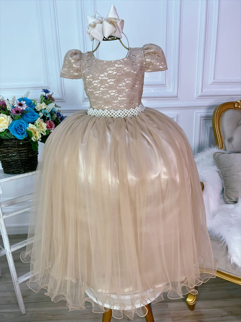 Vestido Infantil Nude C/ Tule e Renda Longo Dama Luxo