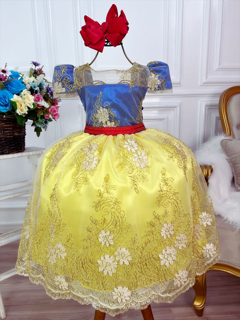 Vestido Infantil Branca de Neve Renda Luxo Dourada e Strass