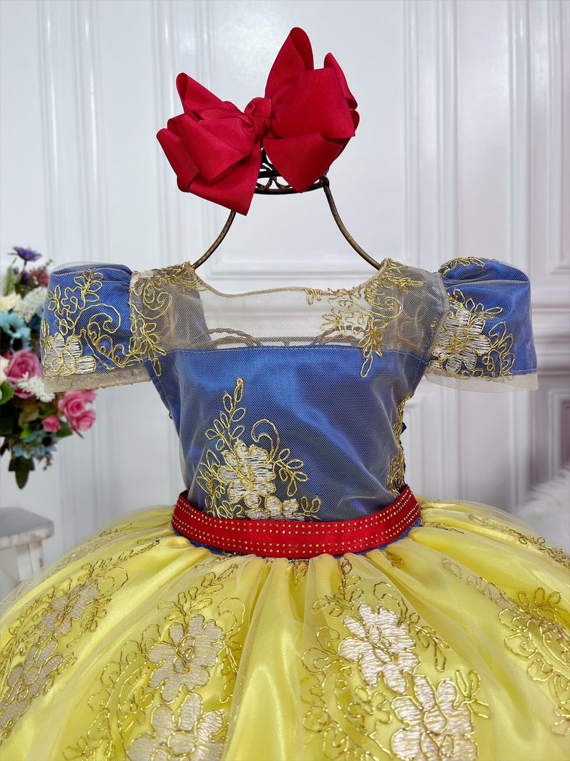 Vestido Infantil Branca de Neve Renda Luxo Dourada e Strass