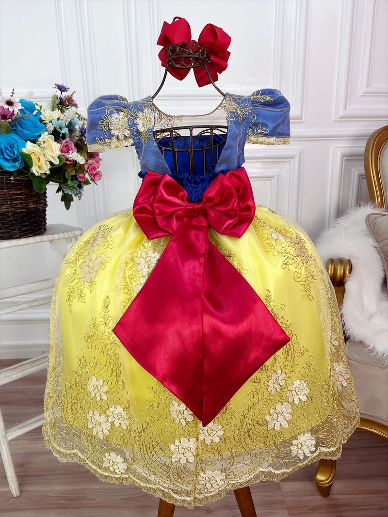 Vestido Infantil Branca de Neve Renda Luxo Dourada e Strass