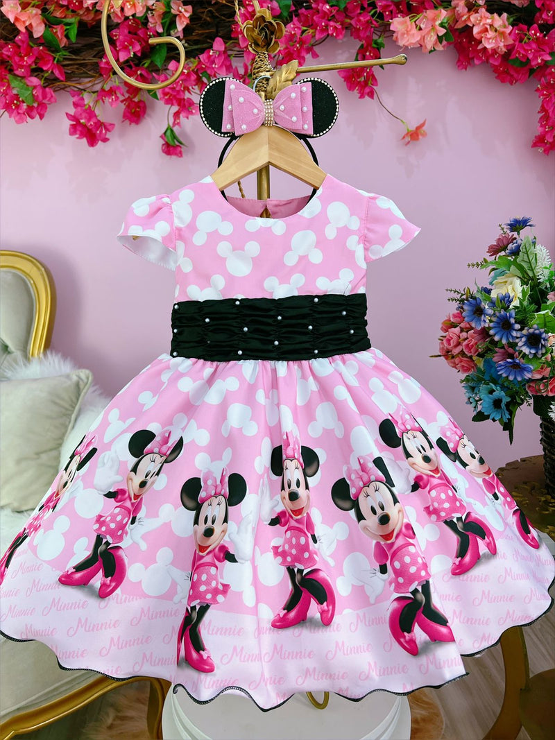 Vestido Infantil Minnie Rosa Com Pérolas Festas