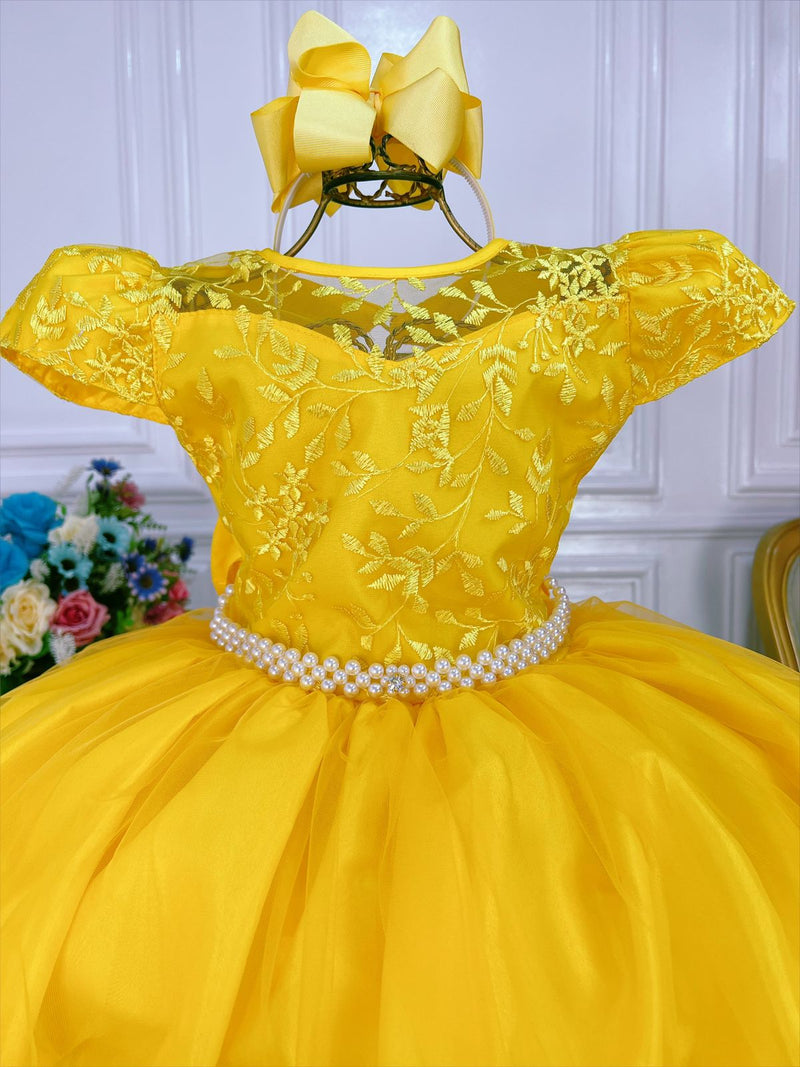 Vestido Infantil Amarelo Damas Honra Casamento Renda Pérolas