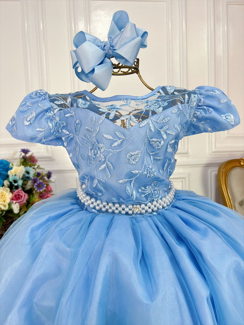 Vestido Infantil Azul Dama Honra Casamento Renda e Pérolas