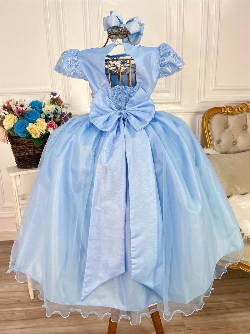 Vestido Infantil Azul Dama Honra Casamento Renda e Pérolas