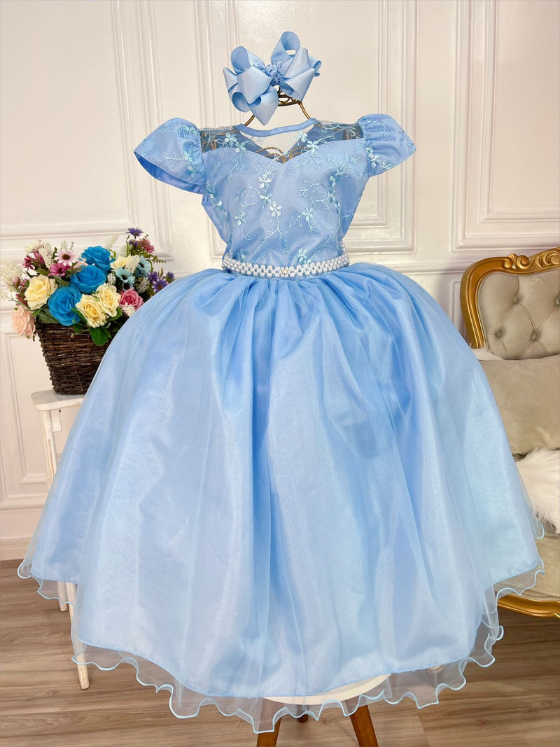 Vestido Infantil Dama Honra Azul Casamento Renda C/ Pérola (2266AA)