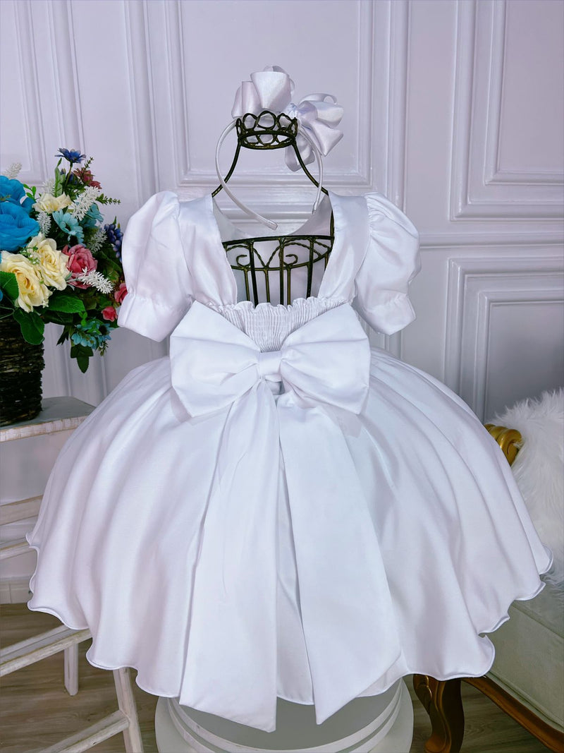 Vestido Infantil Branco C/ Broche Flores Aplique Borboletas