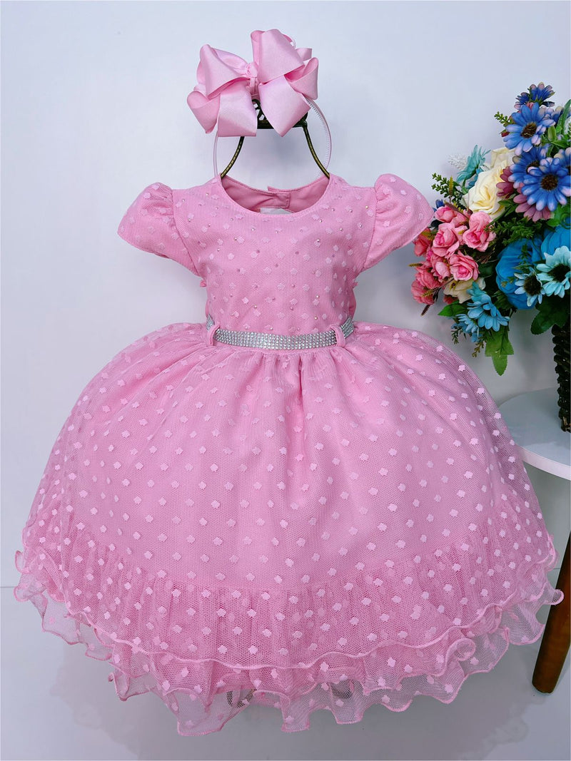 Vestido Infantil Rosa Chiclete C/ Bolinhas Peito Strass