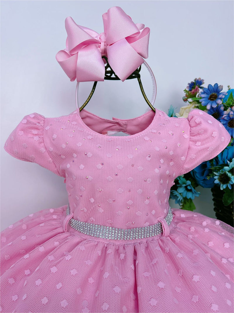 Vestido Infantil Rosa Chiclete C/ Bolinhas Peito Strass