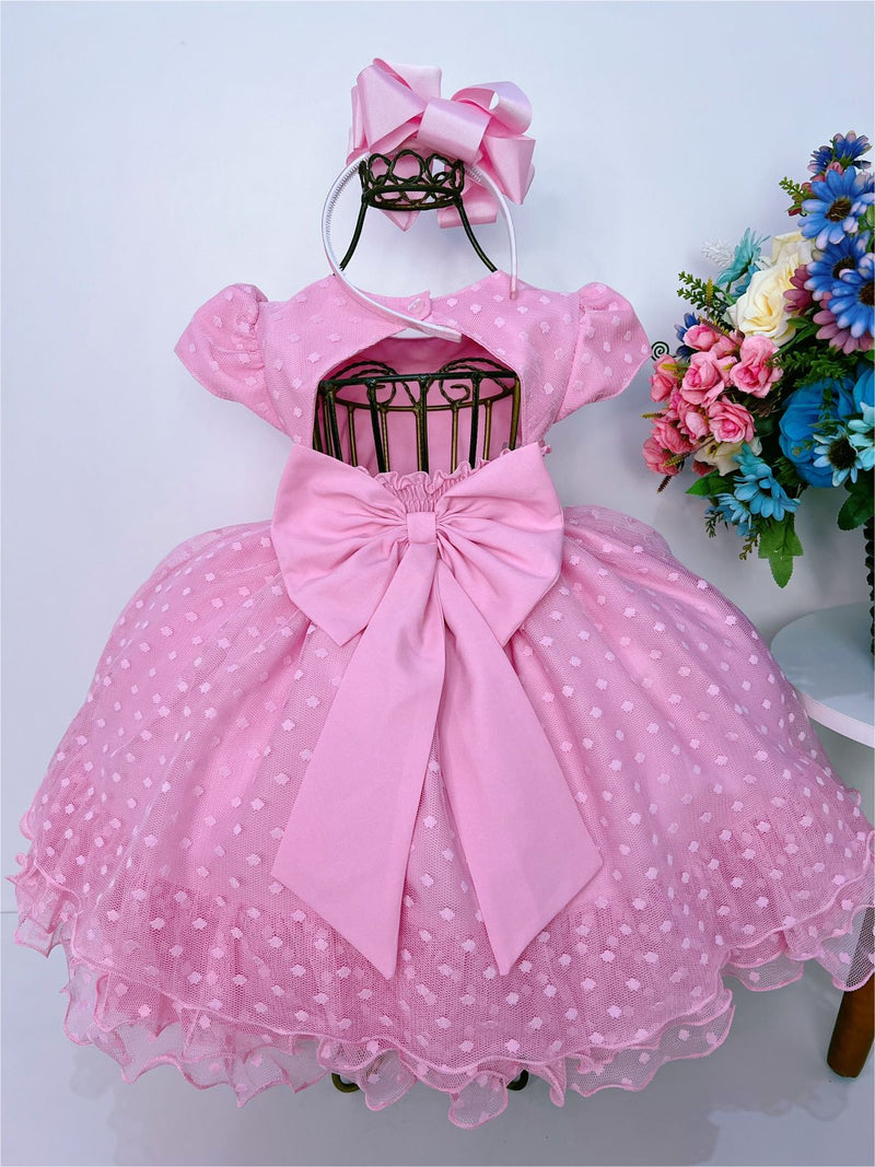 Vestido Infantil Rosa Chiclete C/ Bolinhas Peito Strass