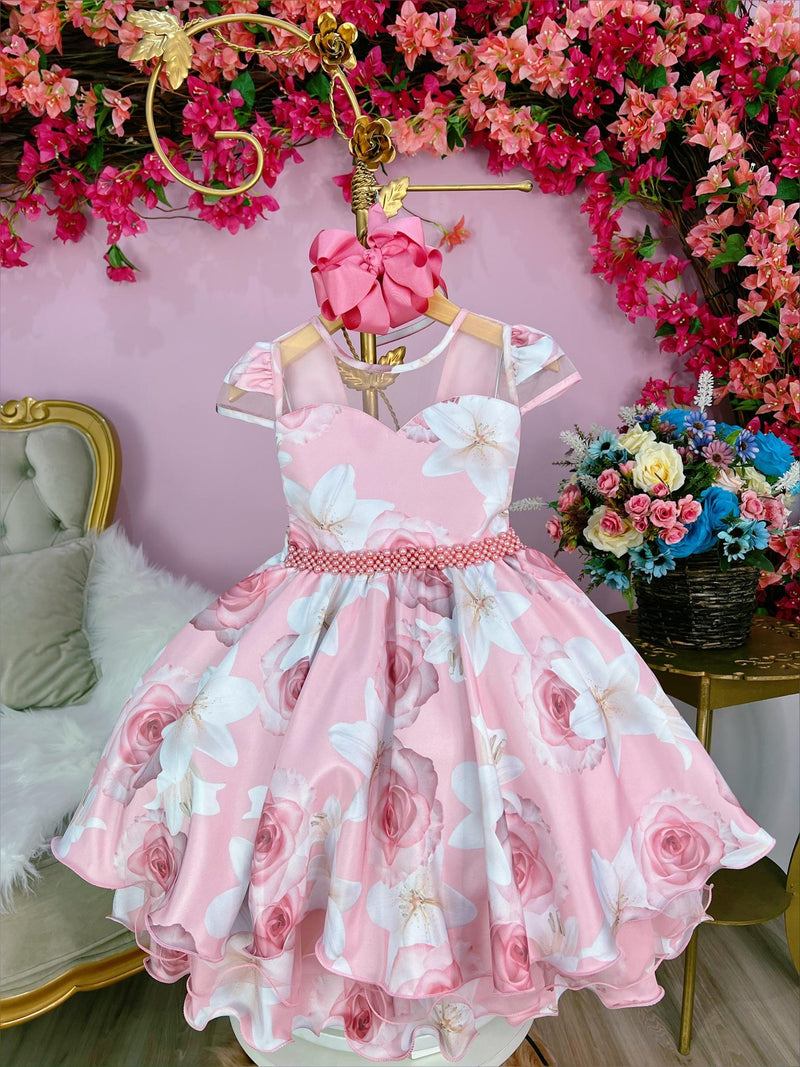 Vestido Infantil Rosa Florido C/ Cinto de Pérolas Luxo (2285RS)