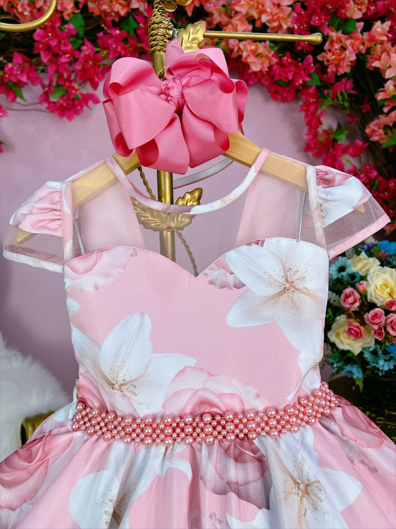 Vestido Infantil Rosa Florido C/ Cinto de Pérolas Luxo (2285RS)