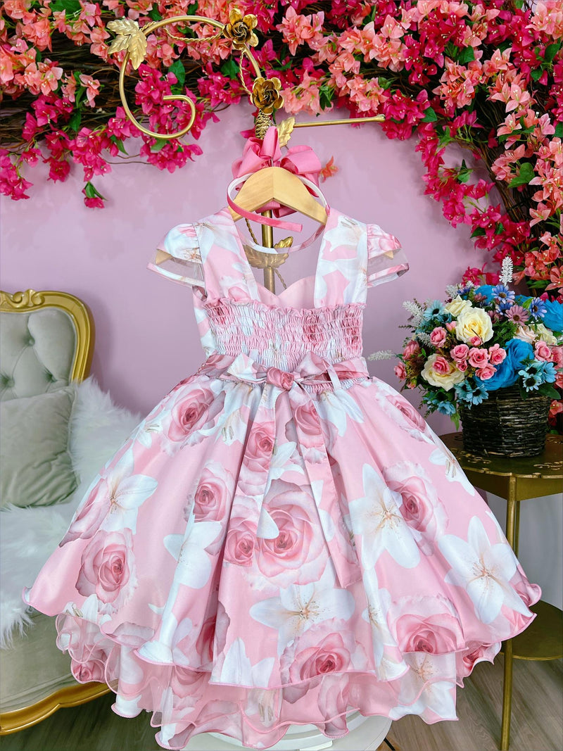 Vestido Infantil Rosa Florido C/ Cinto de Pérolas Luxo (2285RS)